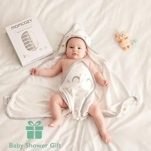 Momcozy капюшоны билан чақалоқ сочиғи, 2 талик катта 35 X 35 дюймли чақалоқ ванна сочиғи, янги туғилган чақалоқлар, ўйинчоқлар ва болалар учун ўта юмшоқ пахта ва капюшонли сочиқ, Юлдузли осмон - 4