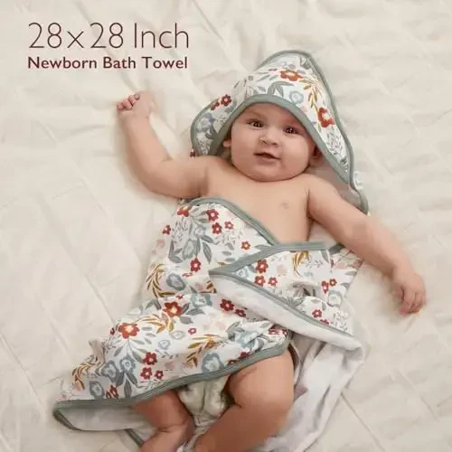 Momcozy Baby Towel with Hooded-2 Pack Soft Bath Towel Set-Shower Gifts or Bath Essential for Infant,Newborn, Toddler (28 X 28 Inch, Petite Blossom) - MOMCOZY (1)