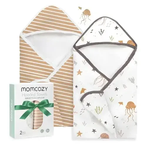 Momcozy kapüşonlu bebek havlusu - 2 paket Yumuşak Banyo Havlusu Seti - Bebek, Yeni Doğan, Yürümeye Başlayan Çocuk için Duş Hediyeleri veya Banyo Temel Eşyası (28 X 28 İnç, Ocean Whimsy) - 1