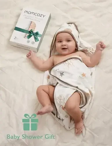 Momcozy kapüşonlu bebek havlusu - 2 paket Yumuşak Banyo Havlusu Seti - Bebek, Yeni Doğan, Yürümeye Başlayan Çocuk için Duş Hediyeleri veya Banyo Temel Eşyası (28 X 28 İnç, Ocean Whimsy) - 5