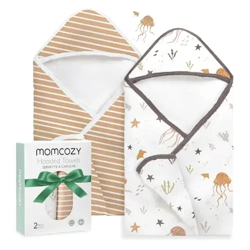 Momcozy kapüşonlu bebek havlusu - 2 paket Yumuşak Banyo Havlusu Seti - Bebek, Yeni Doğan, Yürümeye Başlayan Çocuk için Duş Hediyeleri veya Banyo Temel Eşyası (28 X 28 İnç, Ocean Whimsy) 