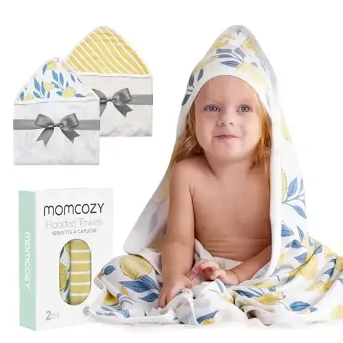 Momcozy Hooded Baby Towel, 2 Pack Baby Bath Towel Set with Large 35 X 35 Inch, Super Soft Cotton and Hooded Towel for Newborn, Toddler and Kid, Lemon Leaves - 1