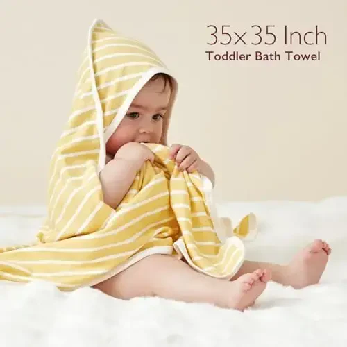 Momcozy Hooded Baby Towel, 2 Pack Baby Bath Towel Set with Large 35 X 35 Inch, Super Soft Cotton and Hooded Towel for Newborn, Toddler and Kid, Lemon Leaves - 6