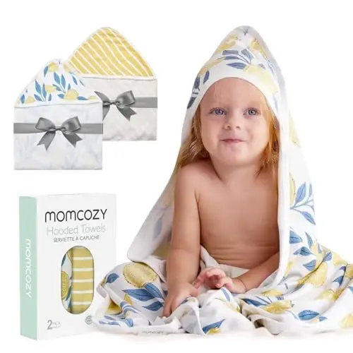 Momcozy Hooded Baby Towel, 2 Pack Baby Bath Towel Set with Large 35 X 35 Inch, Super Soft Cotton and Hooded Towel for Newborn, Toddler and Kid, Lemon Leaves - MOMCOZY
