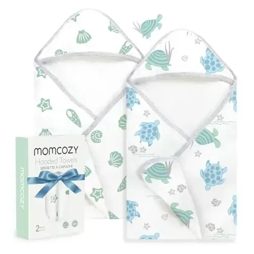 Momcozy kapüşonlu bolali sochiq - Original dizayndagi bolalar sochiq to'plami - Yumshoq va shimuvchan - Chaqaloq, yangi tug'ilgan chaqaloq, kichkintoy, dengiz toshbaqasi qobiqlari uchun dush sovg'alari yoki hammom uchun zarur - MOMCOZY