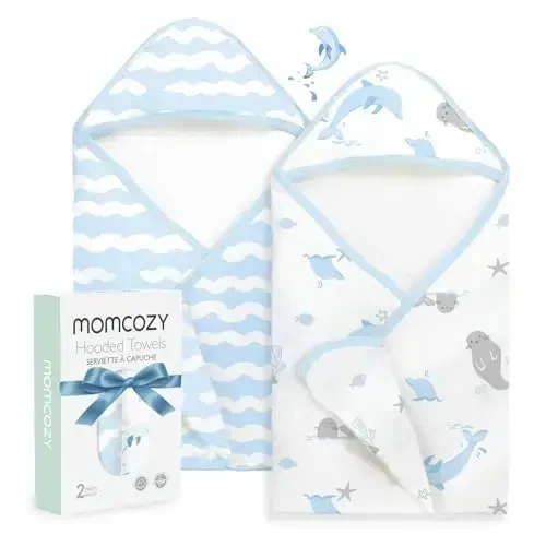 Momcozy kapüşonlu chaqaloq sochiq -Original dizayndagi chaqaloq sochiq to'plami - Yumshoq va singdiruvchi-Dush sovg'alari yoki chaqaloq, yangi tug'ilgan chaqaloq, dengiz kit baliq muhr to'lqinlari uchun hammom uchun zarur - 1