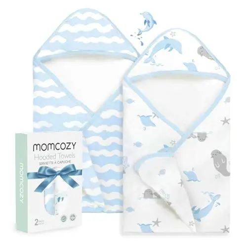 Momcozy kapüşonlu chaqaloq sochiq -Original dizayndagi chaqaloq sochiq to'plami - Yumshoq va singdiruvchi-Dush sovg'alari yoki chaqaloq, yangi tug'ilgan chaqaloq, dengiz kit baliq muhr to'lqinlari uchun hammom uchun zarur - 1
