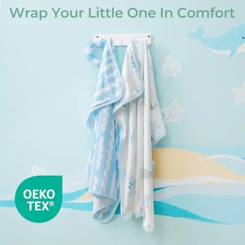 Momcozy kapüşonlu chaqaloq sochiq -Original dizayndagi chaqaloq sochiq to'plami - Yumshoq va singdiruvchi-Dush sovg'alari yoki chaqaloq, yangi tug'ilgan chaqaloq, dengiz kit baliq muhr to'lqinlari uchun hammom uchun zarur - 5