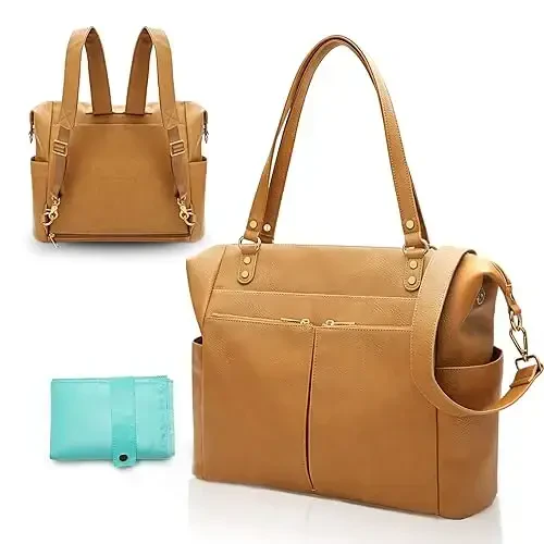 MOMINSIDE Diaper Bag Tote, Leather Diaper Bag Backpack with 14 Pockets for Mom Dad, Convertible Baby Bag for Boys Girls, Baby Registry, Changing Pad, Large 4 Insulated Pockets (Biscuit) - MOMINSIDE