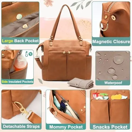 MOMINSIDE Diaper Bag Tote, 4 in 1 Leather Diaper Bag Backpack with 13 Pockets, Convertible Baby Bag for Boys Girls,Diaper Bags Baby Registry, Changing Pad, 4 Large Insulated Pockets(Brown) - 4