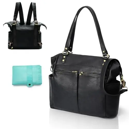 MOMINSIDE Diaper Bag Tote, Leather Diaper Bag Backpack with 14 Pockets, Convertible Baby Bag for Boys Girls, Baby Registry, Changing Pad, Large 4 Insulated Pockets(Black) - MOMINSIDE