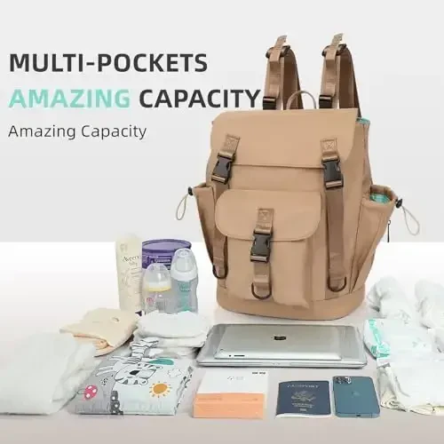 MOMINSIDE Diaper Bag Backpack with Large Wet Pocket, Baby Diaper Bag Mini Baby Bag for Girls Boys, Backpack Diaper Bag with 9 Pockets, Stroller Straps (Kaki) - 3