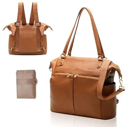 MOMINSIDE Diaper Bag Tote, Leather Diaper Bag Backpack with 14 Pockets, Convertible Baby Bag for Boys Girls, Baby Registry, Changing Pad, 4 Large Insulated Pockets (Brown) - MOMINSIDE