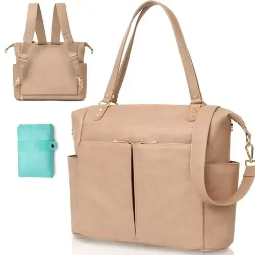 MOMINSIDE Diaper Bag Tote, Leather Diaper Bag Backpack with 14 Pockets, Convertible Baby Bag for Boys Girls, Baby Registry, Changing Pad, Large 4 Insulated Pockets (Camel) - MOMINSIDE