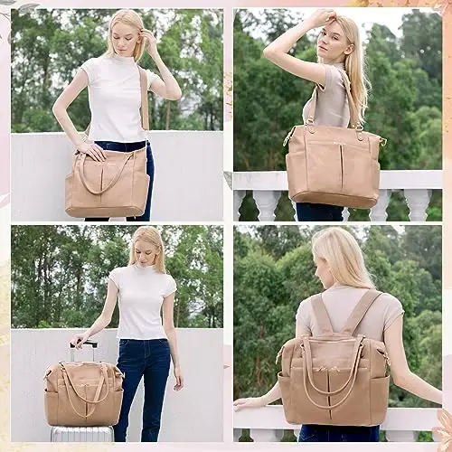 MOMINSIDE Diaper Bag Tote, Leather Diaper Bag Backpack with 14 Pockets, Convertible Baby Bag for Boys Girls, Baby Registry, Changing Pad, Large 4 Insulated Pockets (Camel) - 2