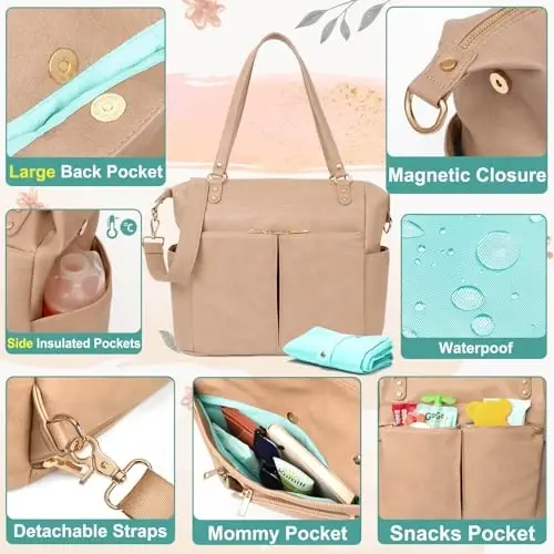 MOMINSIDE Diaper Bag Tote, Leather Diaper Bag Backpack with 14 Pockets, Convertible Baby Bag for Boys Girls, Baby Registry, Changing Pad, Large 4 Insulated Pockets (Camel) - 4
