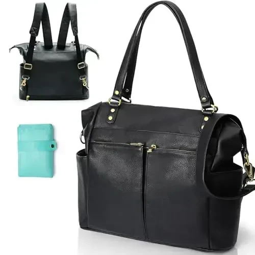 MOMINSIDE Diaper Bag Tote, Leather Diaper Bag Backpack with 14 Pockets, Convertible Baby Bag for Boys Girls, Baby Registry, Changing Pad, Large 4 Insulated Pockets(Black) - 1