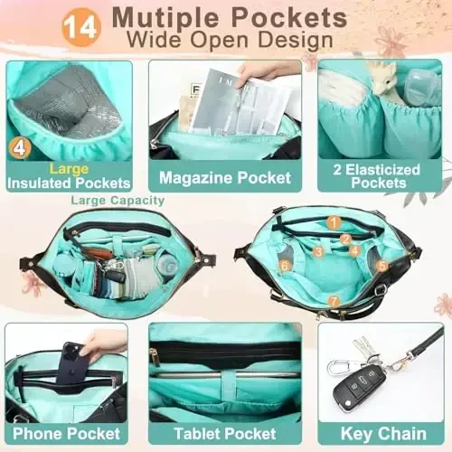 MOMINSIDE Diaper Bag Tote, Leather Diaper Bag Backpack with 14 Pockets, Convertible Baby Bag for Boys Girls, Baby Registry, Changing Pad, Large 4 Insulated Pockets(Black) - 2