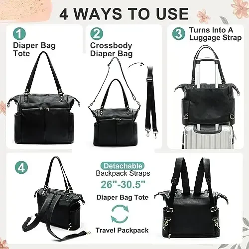 MOMINSIDE Diaper Bag Tote, Leather Diaper Bag Backpack with 14 Pockets, Convertible Baby Bag for Boys Girls, Baby Registry, Changing Pad, Large 4 Insulated Pockets(Black) - 4