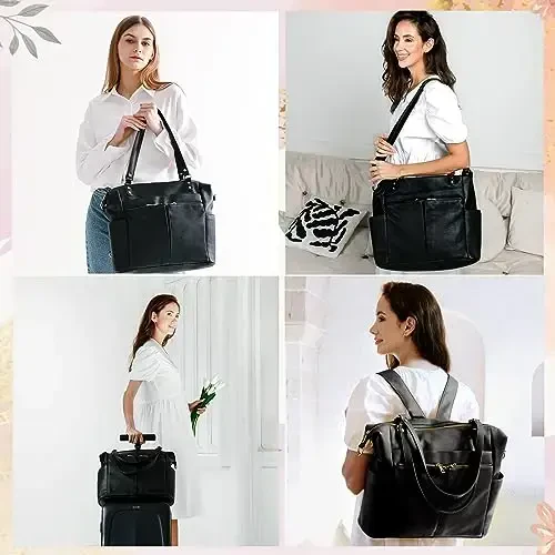 MOMINSIDE Diaper Bag Tote, Leather Diaper Bag Backpack with 14 Pockets, Convertible Baby Bag for Boys Girls, Baby Registry, Changing Pad, Large 4 Insulated Pockets(Black) - 5