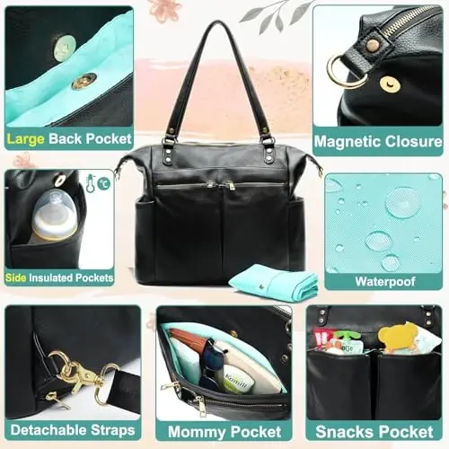 MOMINSIDE Diaper Bag Tote, Leather Diaper Bag Backpack with 14 Pockets, Convertible Baby Bag for Boys Girls, Baby Registry, Changing Pad, Large 4 Insulated Pockets(Black) - 3