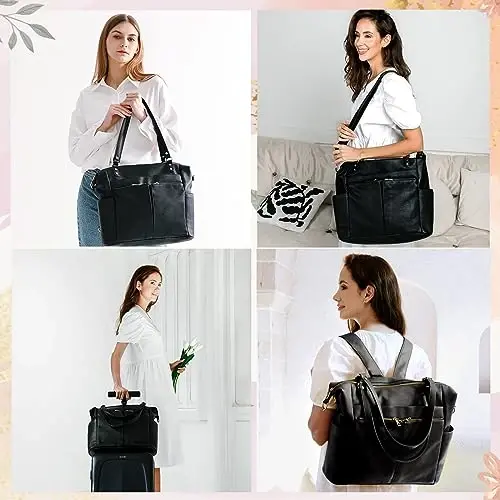 MOMINSIDE Diaper Bag Tote, Leather Diaper Bag Backpack with 14 Pockets, Convertible Baby Bag for Boys Girls, Baby Registry, Changing Pad, Large 4 Insulated Pockets(Black) - 4