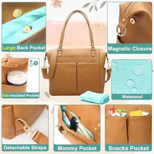 MOMINSIDE Diaper Bag Tote, Leather Diaper Bag Backpack with 14 Pockets for Mom Dad, Convertible Baby Bag for Boys Girls, Baby Registry, Changing Pad, Large 4 Insulated Pockets (Biscuit) - 4