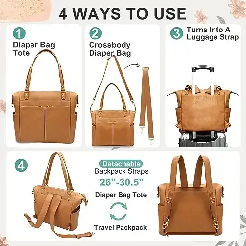 MOMINSIDE Diaper Bag Tote, Leather Diaper Bag Backpack with 14 Pockets for Mom Dad, Convertible Baby Bag for Boys Girls, Baby Registry, Changing Pad, Large 4 Insulated Pockets (Biscuit) - 6