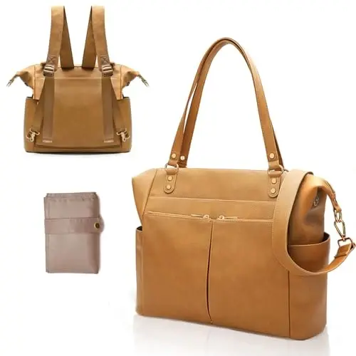 MOMINSIDE Diaper Bag Tote, Leather Diaper Bag Backpack with 14 Pockets for Mom Dad, Convertible Baby Bag for Boys Girls, Baby Registry, Changing Pad, Large 4 Insulated Pockets (Biscuit) - MOMINSIDE