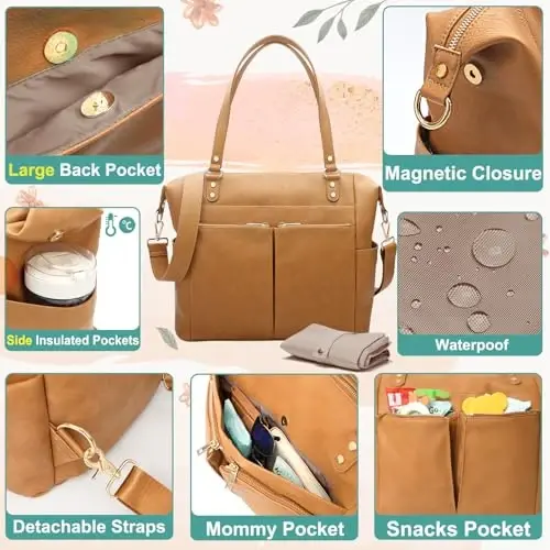 MOMINSIDE Diaper Bag Tote, Leather Diaper Bag Backpack with 14 Pockets for Mom Dad, Convertible Baby Bag for Boys Girls, Baby Registry, Changing Pad, Large 4 Insulated Pockets (Biscuit) - 3