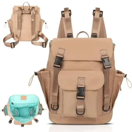 MOMINSIDE Diaper Bag Backpack with Large Wet Pocket, Baby Diaper Bag Mini Baby Bag for Girls Boys, Backpack Diaper Bag with 9 Pockets, Stroller Straps (Kaki) - 1