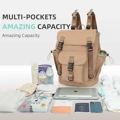 MOMINSIDE Diaper Bag Backpack with Large Wet Pocket, Baby Diaper Bag Mini Baby Bag for Girls Boys, Backpack Diaper Bag with 9 Pockets, Stroller Straps (Kaki) - 3
