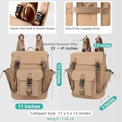 MOMINSIDE Diaper Bag Backpack with Large Wet Pocket, Baby Diaper Bag Mini Baby Bag for Girls Boys, Backpack Diaper Bag with 9 Pockets, Stroller Straps (Kaki) - 4