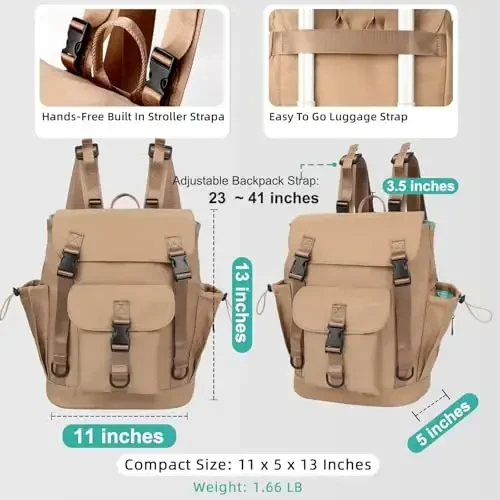 MOMINSIDE Katta ho'l cho'ntagi bo'lgan taglik sumkasi, qizlar va o'g'il bolalar uchun mini taglik sumkasi, 9 ta cho'ntagi bo'lgan taglik sumkasi, aravachalar uchun tasmalar (Xaki) - 4