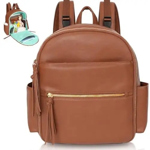 MOMINSIDE Small Diaper Bag Backpack, Mini Diaper Bag with 11 Pockets, Leather diaper backpack, Baby Diaper Bag for Baby Girls, 2 Insulated Pockets, Stroller Straps (Brown) - MOMINSIDE (1)