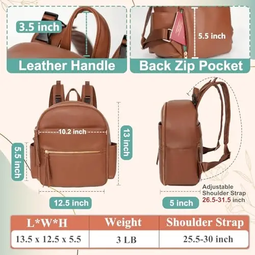 MOMINSIDE Small Diaper Bag Backpack, Mini Diaper Bag with 11 Pockets, Leather diaper backpack, Baby Diaper Bag for Baby Girls, 2 Insulated Pockets, Stroller Straps (Brown) - 3