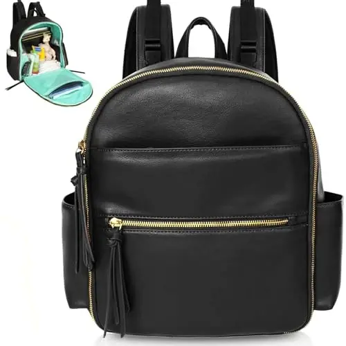 MOMINSIDE Small Diaper Bag Backpack, Mini Diaper Bag with 11 Pockets, Leather diaper backpack, Baby Diaper Bag for Baby Girls, 2 Insulated Pockets, Stroller Straps (Black) - 1