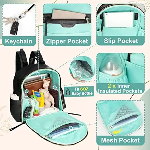 MOMINSIDE Small Diaper Bag Backpack, Mini Diaper Bag with 11 Pockets, Leather diaper backpack, Baby Diaper Bag for Baby Girls, 2 Insulated Pockets, Stroller Straps (Black) - 3