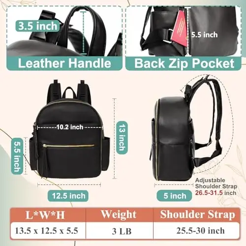 MOMINSIDE Small Diaper Bag Backpack, Mini Diaper Bag with 11 Pockets, Leather diaper backpack, Baby Diaper Bag for Baby Girls, 2 Insulated Pockets, Stroller Straps (Black) - 4
