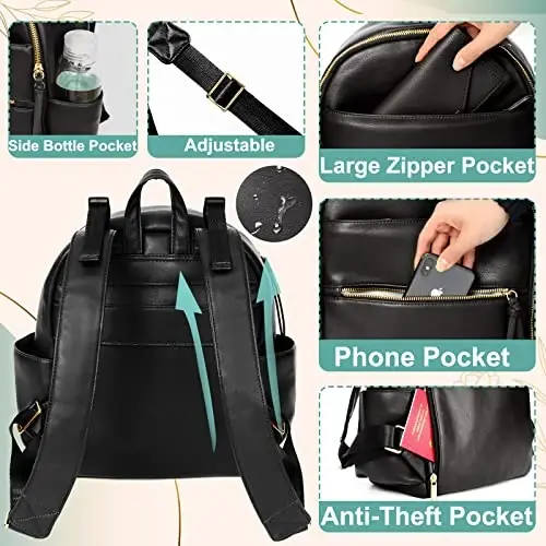 MOMINSIDE Small Diaper Bag Backpack, Mini Diaper Bag with 11 Pockets, Leather diaper backpack, Baby Diaper Bag for Baby Girls, 2 Insulated Pockets, Stroller Straps (Black) - 5