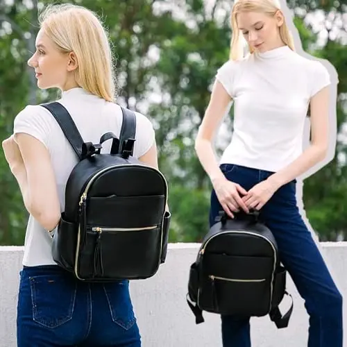 MOMINSIDE Small Diaper Bag Backpack, Mini Diaper Bag with 11 Pockets, Leather diaper backpack, Baby Diaper Bag for Baby Girls, 2 Insulated Pockets, Stroller Straps (Black) - 2