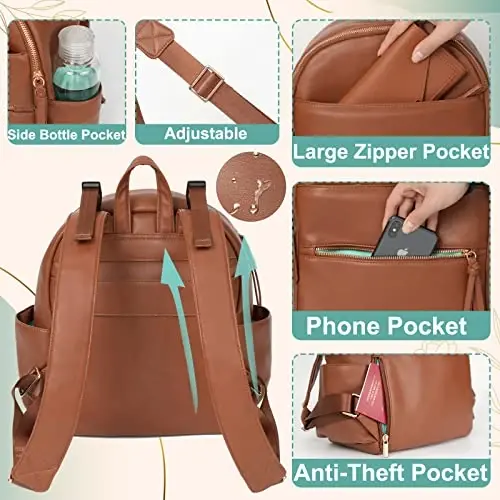 MOMINSIDE Small Diaper Bag Backpack, Mini Diaper Bag with 11 Pockets, Leather Travel Baby Bag for Baby Girls, 2 Insulated Pockets, Stroller Straps, Baby Registry (Brown) - 5