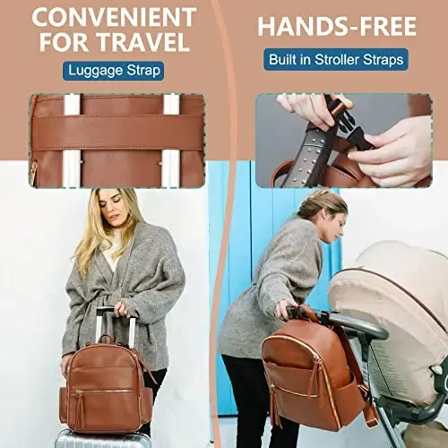 MOMINSIDE Small Diaper Bag Backpack, Mini Diaper Bag with 11 Pockets, Leather Travel Baby Bag for Baby Girls, 2 Insulated Pockets, Stroller Straps, Baby Registry (Brown) - 6