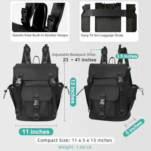 MOMINSIDE Small Diaper Bag Backpack, Mini Diaper Bag with 9 Pockets 3 Buckles, Travel Baby Diaper Bag for Girls Boys, 2 Insulated Pockets, Stroller Straps, Baby Registry (Black) - 5