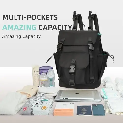MOMINSIDE Small Diaper Bag Backpack, Mini Diaper Bag with 9 Pockets 3 Buckles, Travel Baby Diaper Bag for Girls Boys, 2 Insulated Pockets, Stroller Straps, Baby Registry (Black) - 3