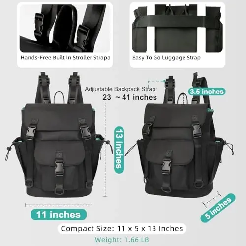 MOMINSIDE Small Diaper Bag Backpack, Mini Diaper Bag with 9 Pockets 3 Buckles, Travel Baby Diaper Bag for Girls Boys, 2 Insulated Pockets, Stroller Straps, Baby Registry (Black) - 5