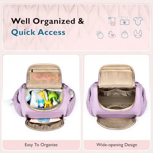 mommore Diaper Bag Backpack, Stylish Travel Baby Bag with Insulated Pockets, Changing Pad and Stroller Straps for Toddler (S-Purple, Small-17L) - 3