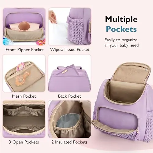 mommore Diaper Bag Backpack, Stylish Travel Baby Bag with Insulated Pockets, Changing Pad and Stroller Straps for Toddler (S-Purple, Small-17L) - 4