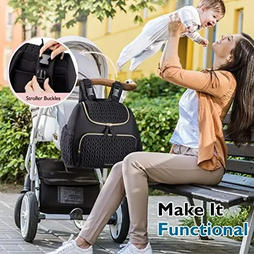mommore Diaper Bag Backpack, Stylish Travel Baby Bag with Insulated Pockets, Changing Pad and Stroller Straps for Toddler (S-Black, Small-17L) - 2