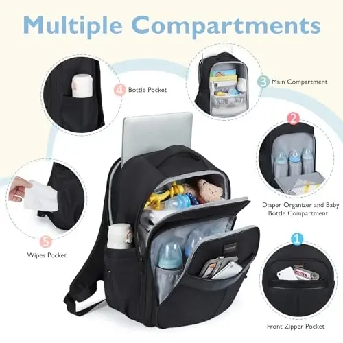 mommore Bebek Bezi Çantası Sırt Çantası Büyük Bebek Çantası 37L 15.6'' Laptop Bölmesi Yalıtımlı Cepli Anne Çantaları, Alt Değiştirme Pedi, Bebek Arabası Askıları, Seyahat, İş - 3